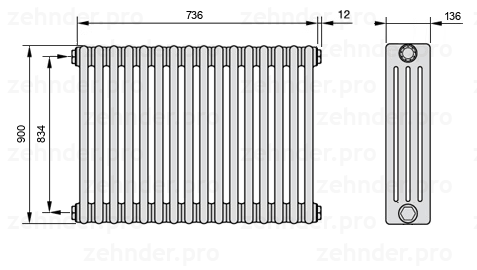 Схема (чертеж) Радиатор Zehnder Charleston 4090/16 №1270 Белый глянцевый RAL 9016